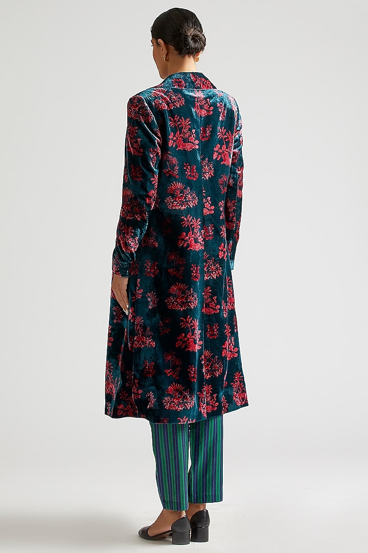 Teal Blue Silk Velvet Trench Jacket Set by Kshitij Jalori at Pernia's Pop Up Shop