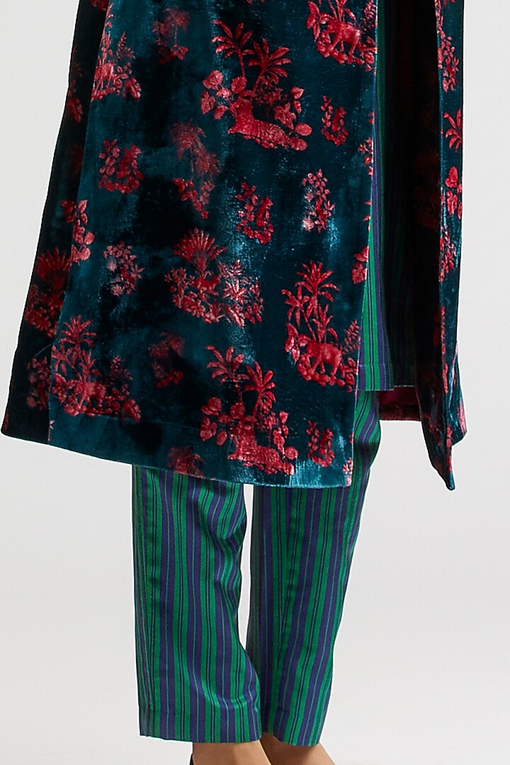 Teal Blue Silk Velvet Trench Jacket Set by Kshitij Jalori at Pernia's Pop Up Shop