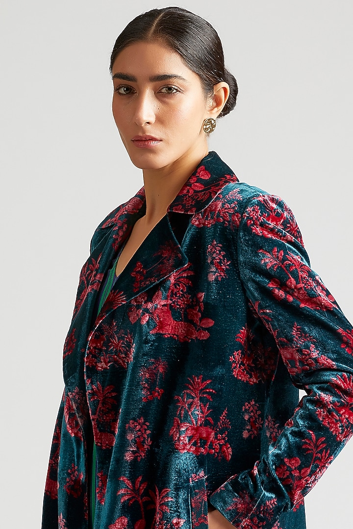 Teal Blue Silk Velvet Trench Jacket Set by Kshitij Jalori at Pernia's Pop Up Shop