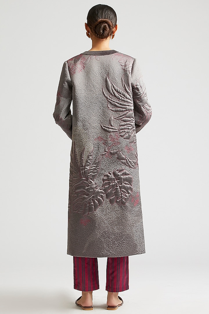 Shadow Grey Silk Satin Crepe Embroidered Chapan Jacket Set by Kshitij Jalori at Pernia's Pop Up Shop