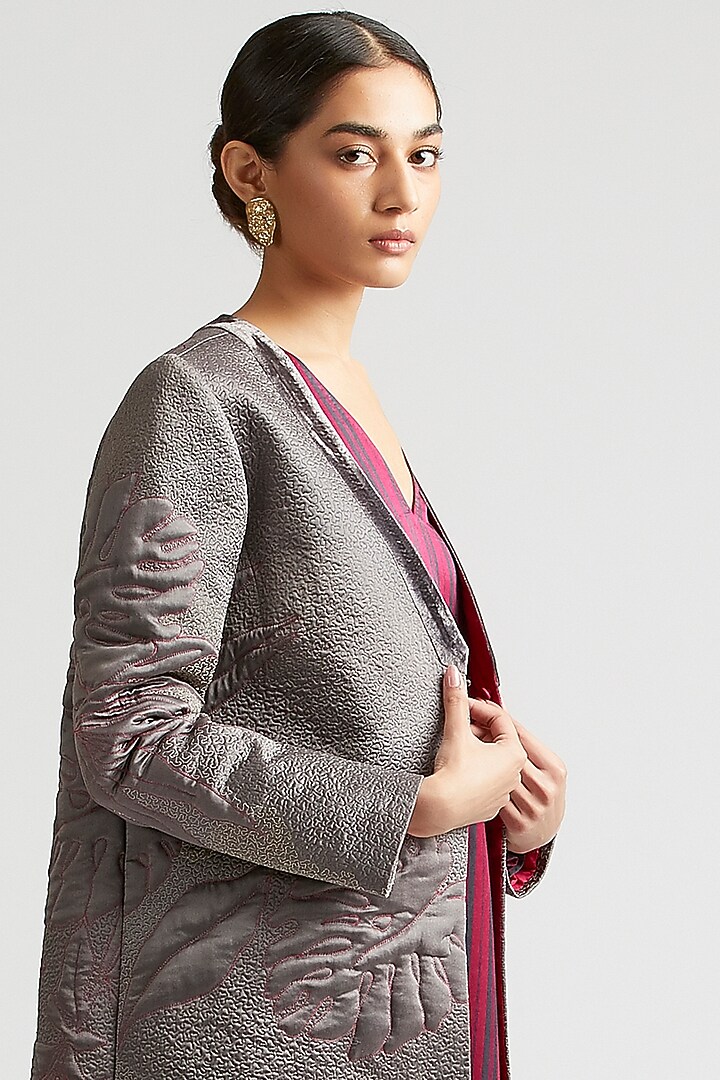 Shadow Grey Silk Satin Crepe Embroidered Chapan Jacket Set by Kshitij Jalori at Pernia's Pop Up Shop