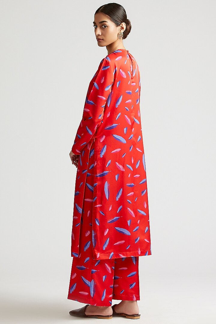 Cherry Red Leaf Printed Kurta Set by Kshitij Jalori at Pernia's Pop Up Shop