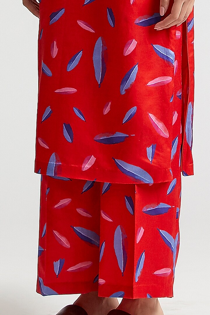 Cherry Red Leaf Printed Kurta Set by Kshitij Jalori at Pernia's Pop Up Shop