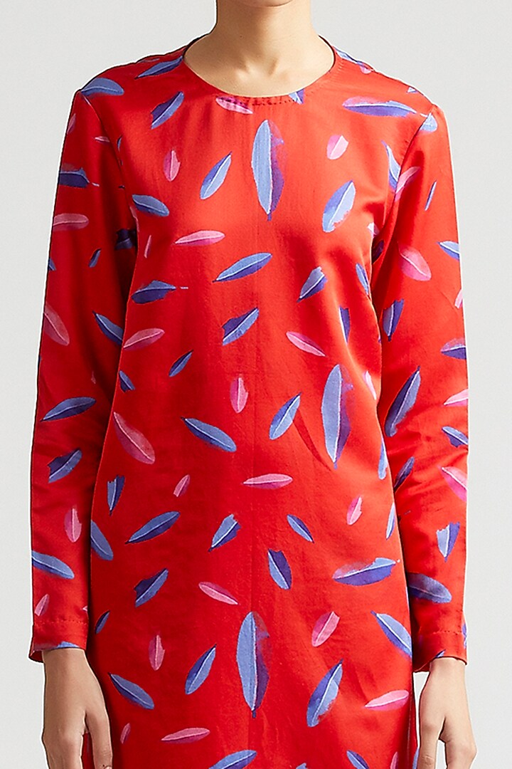 Cherry Red Leaf Printed Kurta Set by Kshitij Jalori at Pernia's Pop Up Shop
