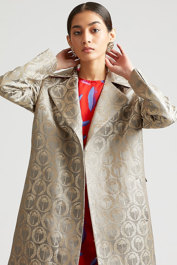 Shadow Grey Silk Brocade Trench Jacket Set by Kshitij Jalori at Pernia's Pop Up Shop