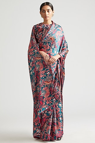 Teal Blue Printed Saree by Kshitij Jalori