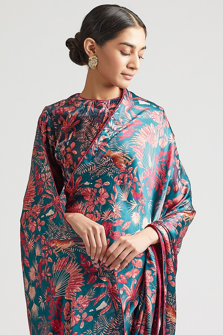 Teal Blue Printed Party Wear Saree by Kshitij Jalori at Pernia's Pop Up Shop
