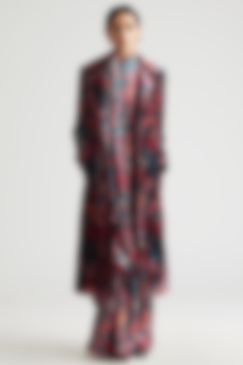 Teal Silk Satin Printed Wedding Saree With Trench Jacket by Kshitij Jalori at Pernia's Pop Up Shop