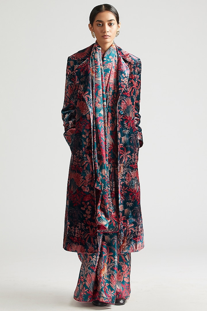 Teal Silk Satin Printed Wedding Saree With Trench Jacket by Kshitij Jalori at Pernia's Pop Up Shop