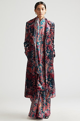 Teal Silk Satin Printed Saree With Trench Jacket by Kshitij Jalori