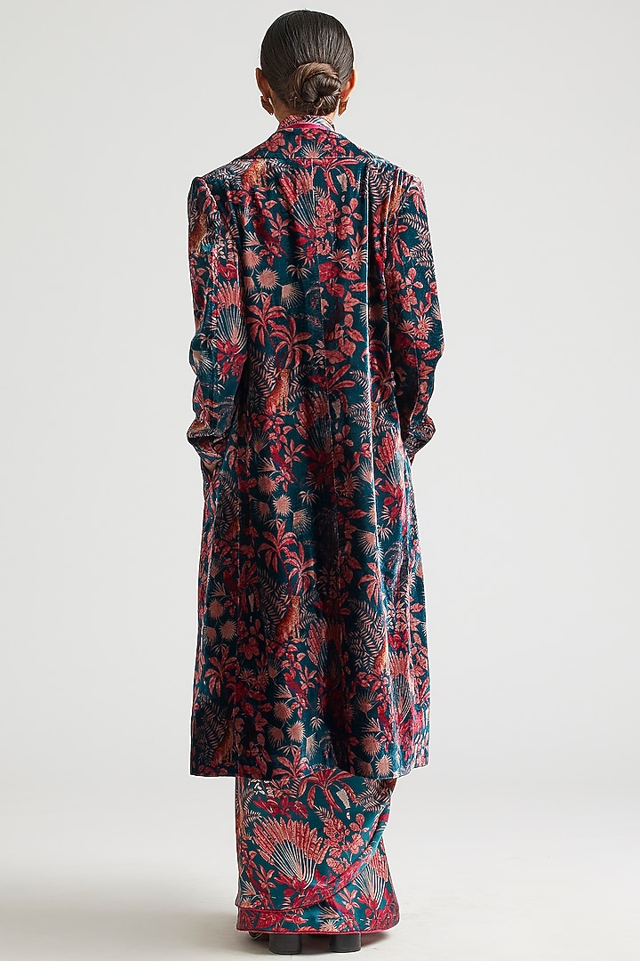 Teal Silk Satin Printed Wedding Saree With Trench Jacket by Kshitij Jalori at Pernia's Pop Up Shop