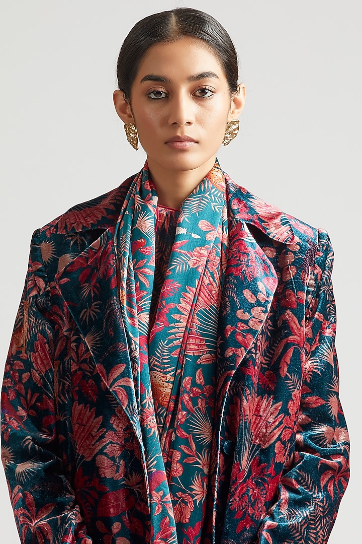 Teal Silk Satin Printed Wedding Saree With Trench Jacket by Kshitij Jalori at Pernia's Pop Up Shop