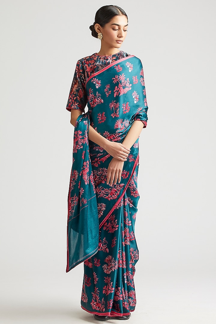 Capital Blue Silk Satin Crepe Printed Party Wear Saree by Kshitij Jalori at Pernia's Pop Up Shop
