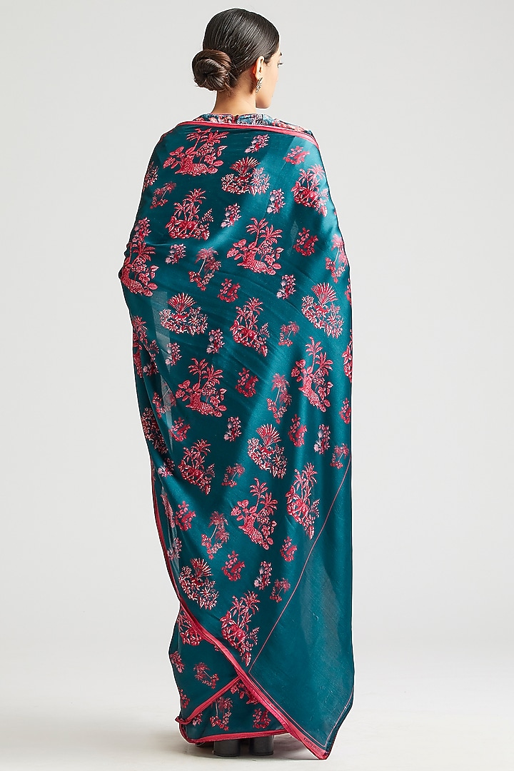 Capital Blue Silk Satin Crepe Printed Party Wear Saree by Kshitij Jalori at Pernia's Pop Up Shop