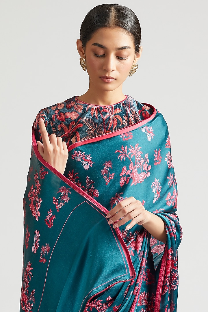 Capital Blue Silk Satin Crepe Printed Party Wear Saree by Kshitij Jalori at Pernia's Pop Up Shop