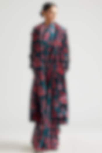 Teal Silk Satin Crepe Printed Wedding Saree With Trench Jacket by Kshitij Jalori at Pernia's Pop Up Shop