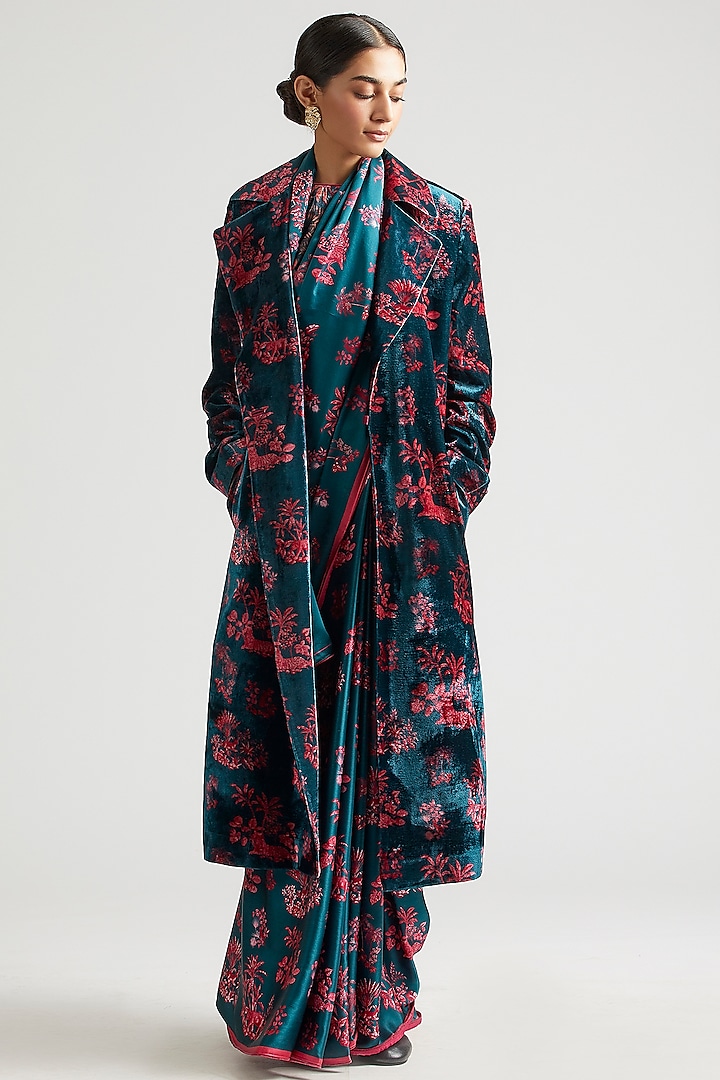 Teal Silk Satin Crepe Printed Wedding Saree With Trench Jacket by Kshitij Jalori at Pernia's Pop Up Shop