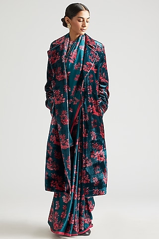Teal Silk Satin Crepe Printed Saree With Trench Jacket by Kshitij Jalori