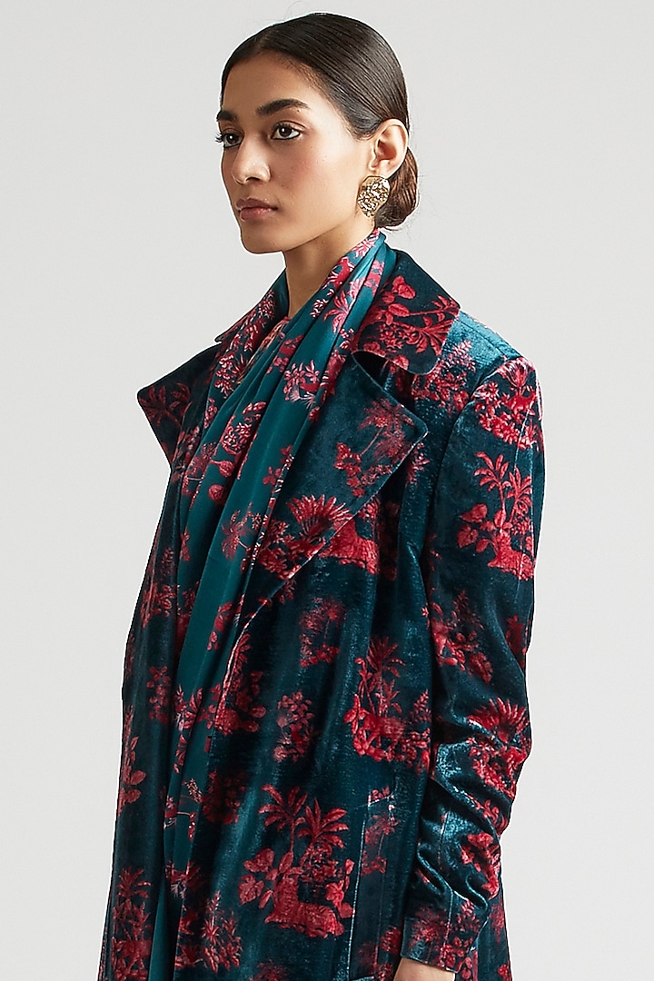 Teal Silk Satin Crepe Printed Wedding Saree With Trench Jacket by Kshitij Jalori at Pernia's Pop Up Shop