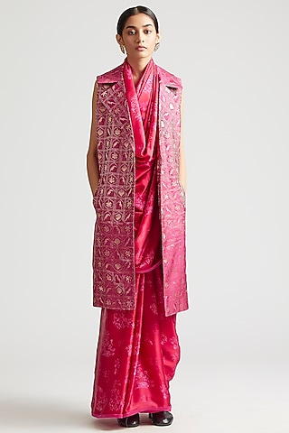 Cherry Red Silk Satin Crepe Printed Jacket Saree Set by Kshitij Jalori