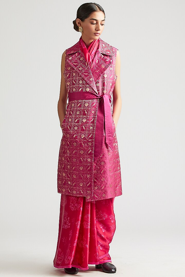 Cherry Red Silk Satin Crepe Printed Jacket Wedding Saree Set by Kshitij Jalori at Pernia's Pop Up Shop