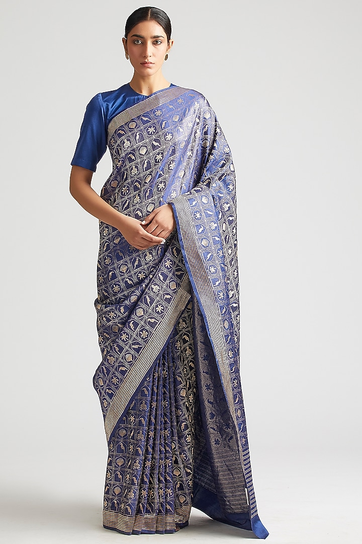 Sapphire Blue Silk Brocade Wedding Saree by Kshitij Jalori at Pernia's Pop Up Shop