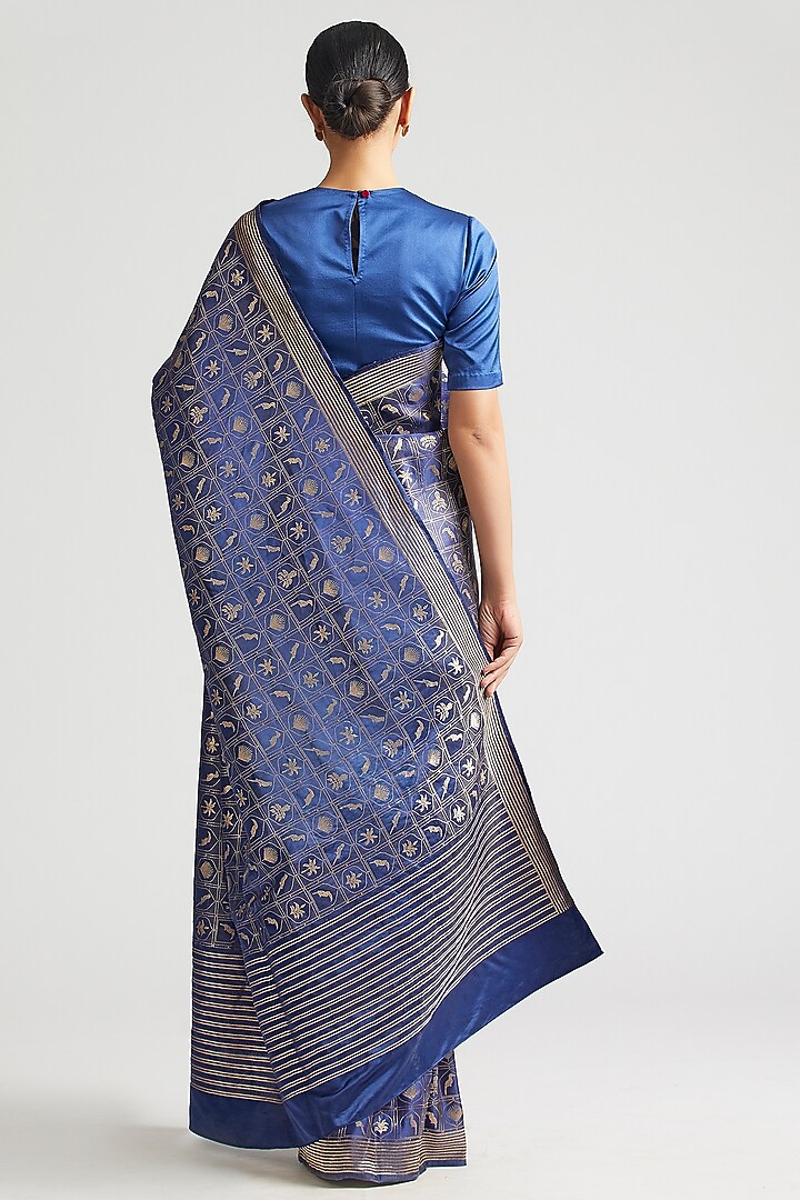 Sapphire Blue Silk Brocade Wedding Saree by Kshitij Jalori at Pernia's Pop Up Shop