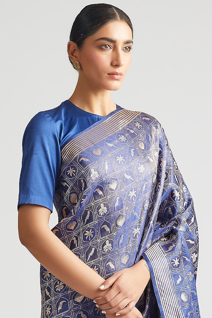 Sapphire Blue Silk Brocade Wedding Saree by Kshitij Jalori at Pernia's Pop Up Shop