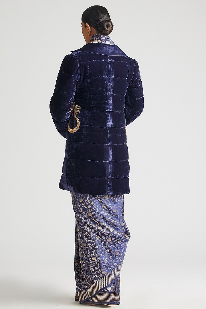 Sapphire Blue Silk Brocade Reception Saree With Puffer Jacket by Kshitij Jalori at Pernia's Pop Up Shop