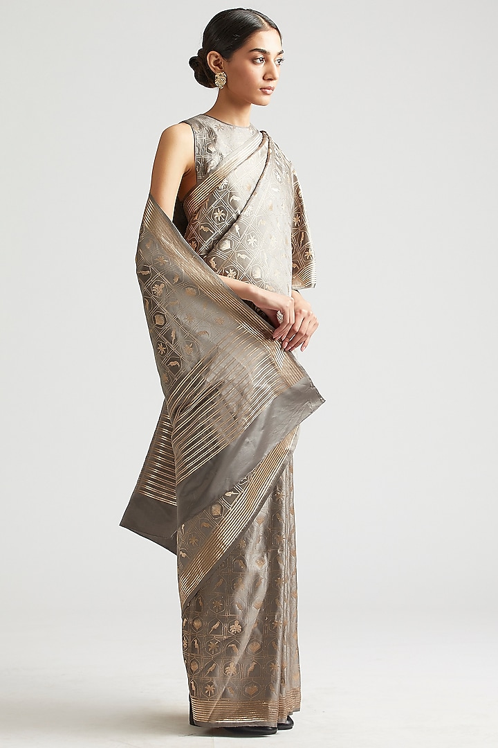 Shadow Grey Silk Brocade Saree by Kshitij Jalori