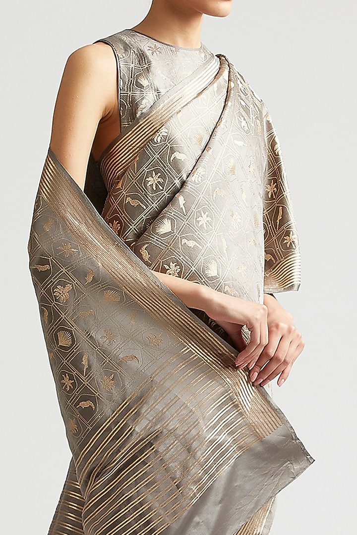 Shadow Grey Silk Brocade Wedding Saree by Kshitij Jalori at Pernia's Pop Up Shop