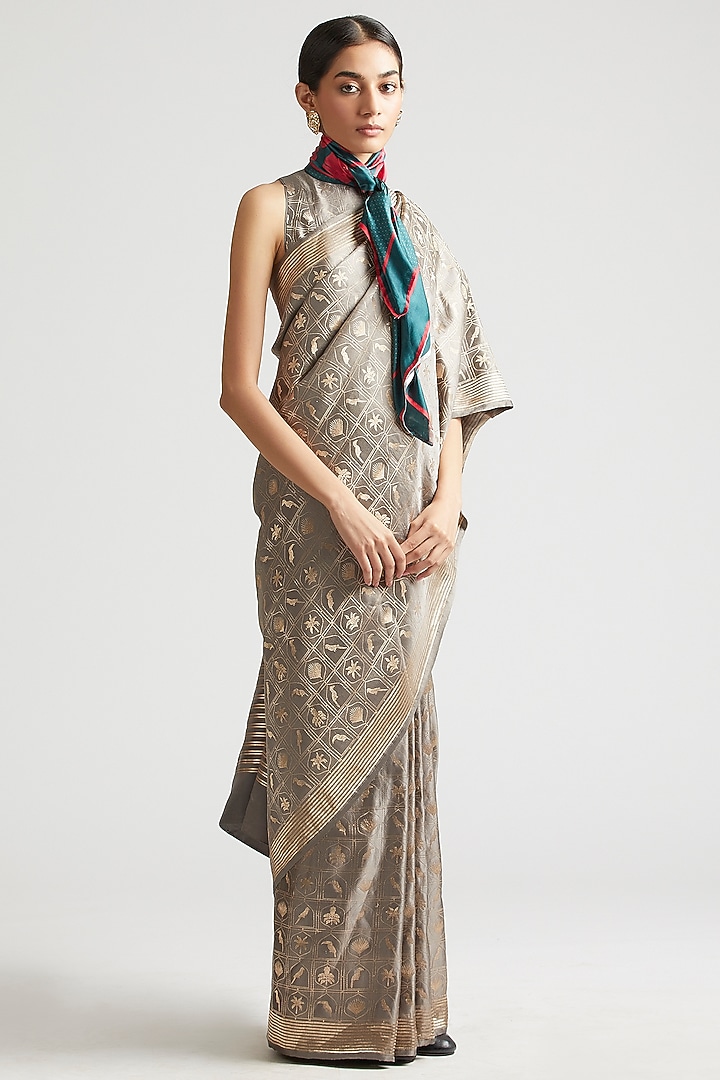 Shadow Grey Silk Brocade Wedding Saree  by Kshitij Jalori at Pernia's Pop Up Shop
