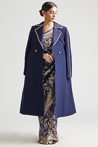 Dark Navy Blue Silk Brocade Saree With Trench Jacket by Kshitij Jalori