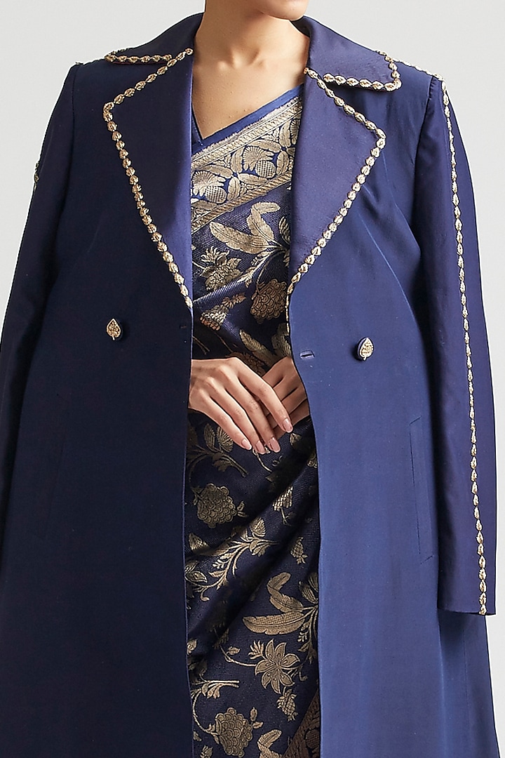 Dark Navy Blue Silk Brocade Reception Saree With Trench Jacket by Kshitij Jalori at Pernia's Pop Up Shop
