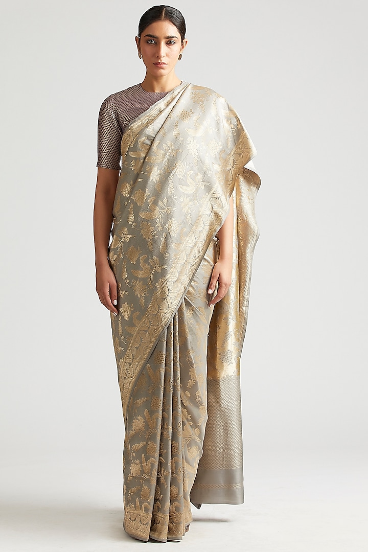 Shadow Grey Silk Brocade Saree by Kshitij Jalori