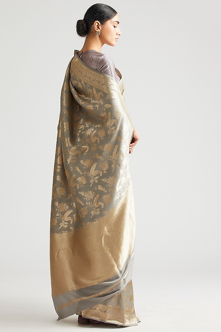 Shadow Grey Silk Brocade Wedding Saree by Kshitij Jalori at Pernia's Pop Up Shop