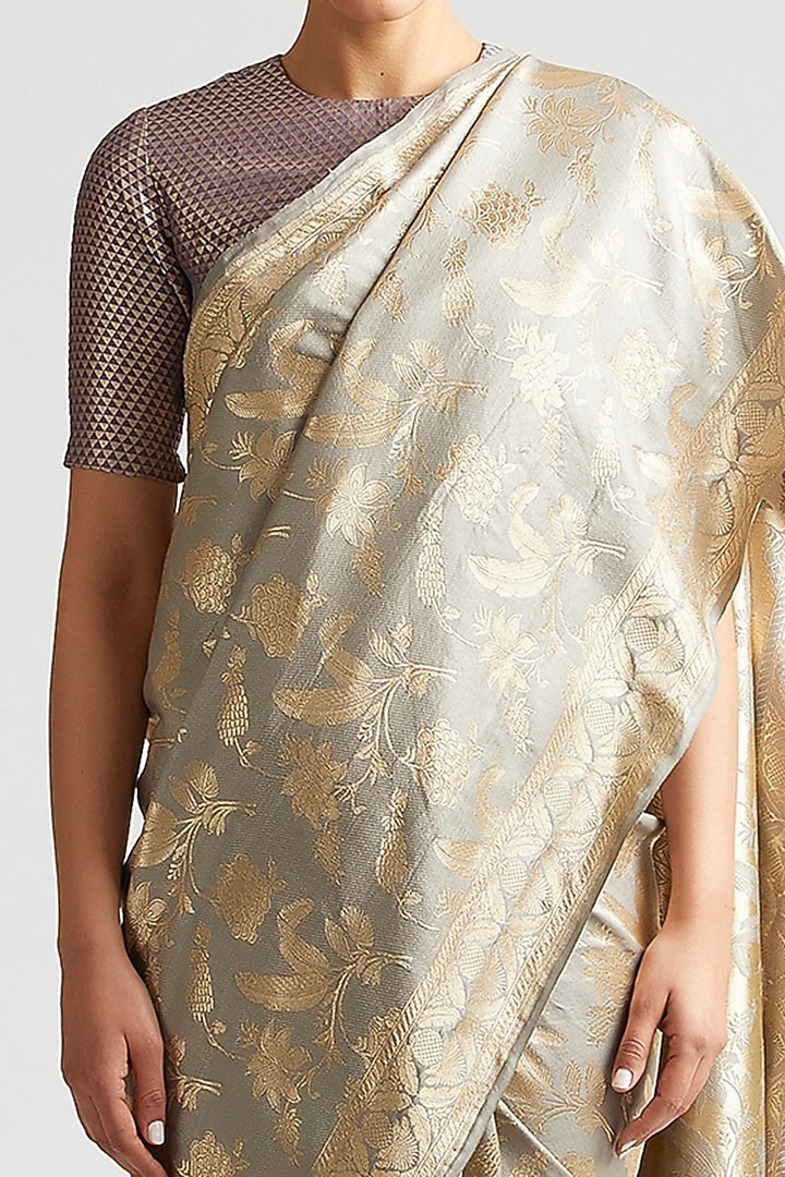 Shadow Grey Silk Brocade Wedding Saree by Kshitij Jalori at Pernia's Pop Up Shop