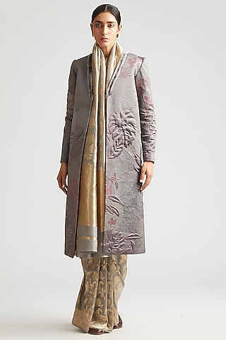 Shadow Grey Silk Brocade Jacket Saree With Trench Jacket by Kshitij Jalori