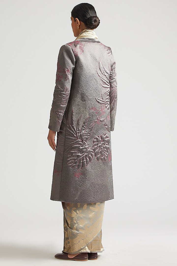 Shadow Grey Silk Brocade Jacket Reception Saree With Trench Jacket by Kshitij Jalori at Pernia's Pop Up Shop