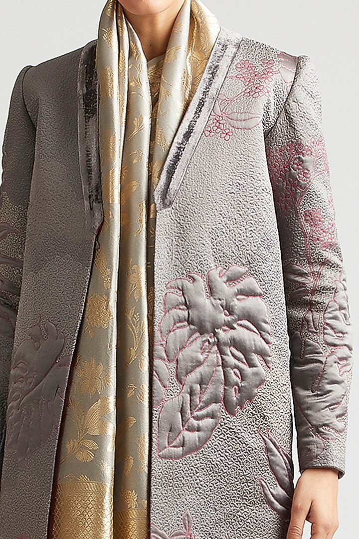 Shadow Grey Silk Brocade Jacket Reception Saree With Trench Jacket by Kshitij Jalori at Pernia's Pop Up Shop