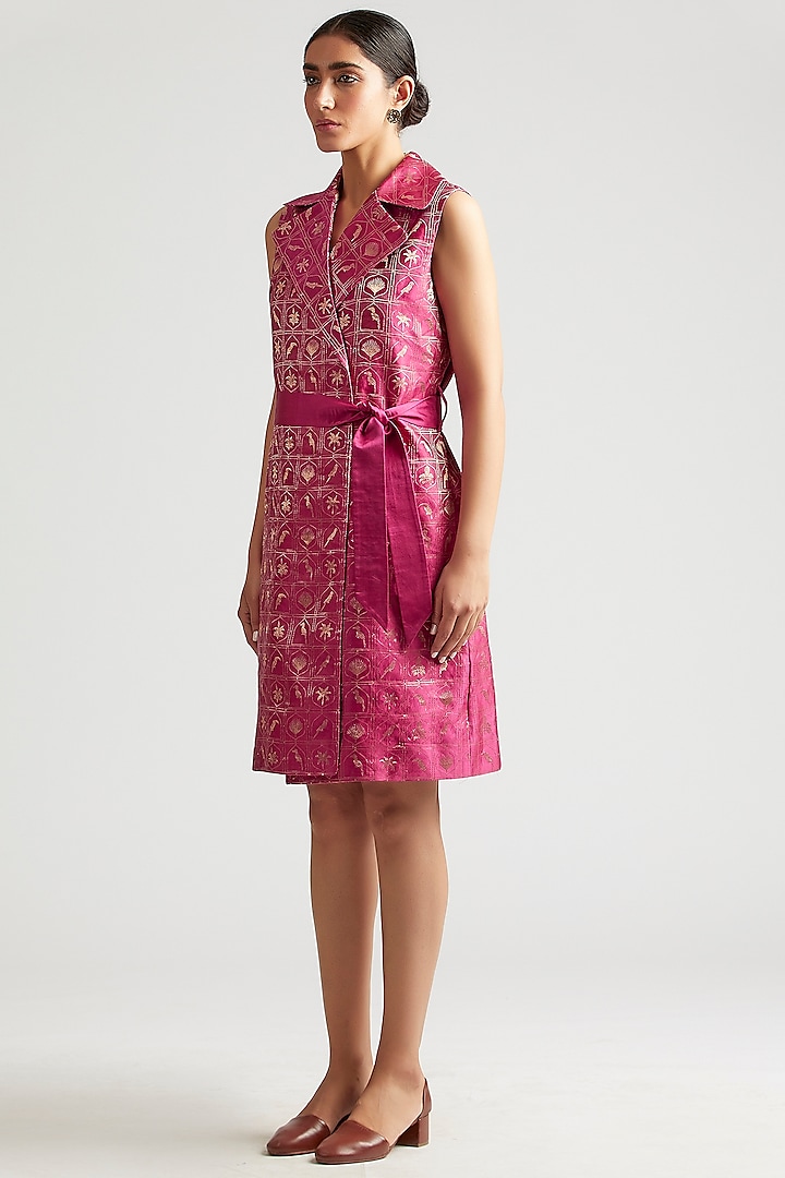 Mulberry Pink Silk Brocade Trench Dress by Kshitij Jalori