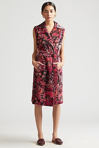Charcoal Grey Silk Velvet Print Trench Dress by Kshitij Jalori