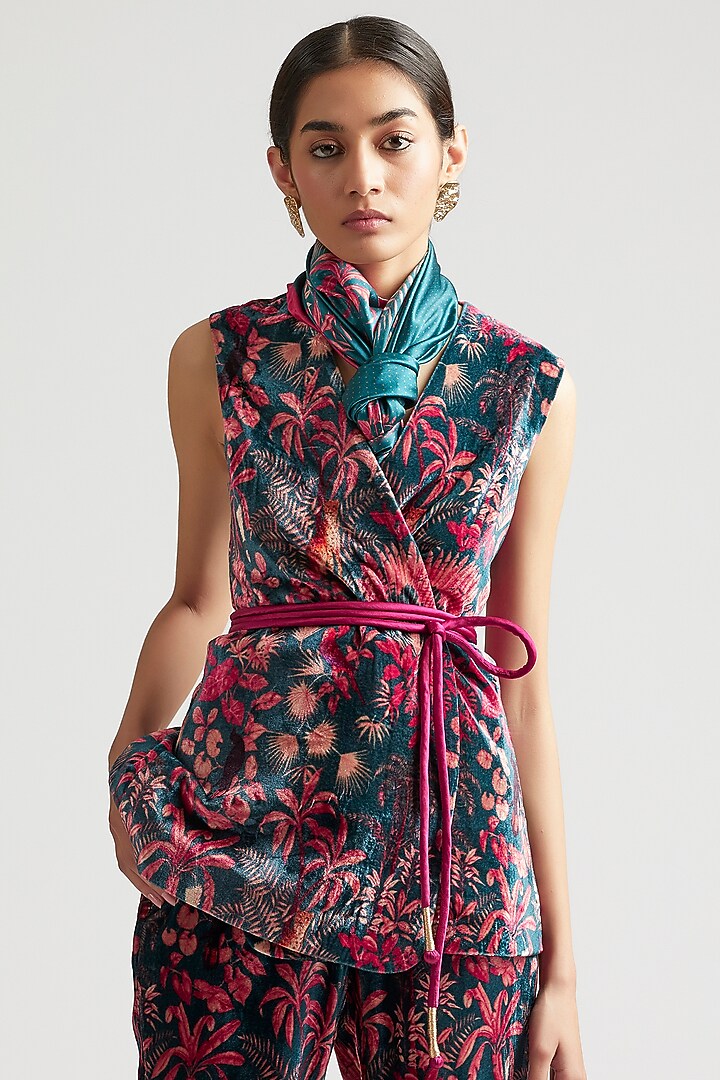 Teal Blue Printed Pant Set by Kshitij Jalori at Pernia's Pop Up Shop