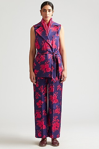 Spectrum Blue Printed Pant Set by Kshitij Jalori