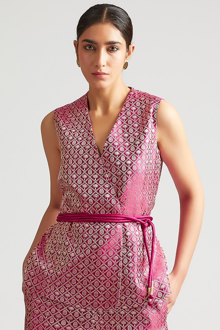 Mulberry Pink Silk Brocade Pant Set by Kshitij Jalori at Pernia's Pop Up Shop