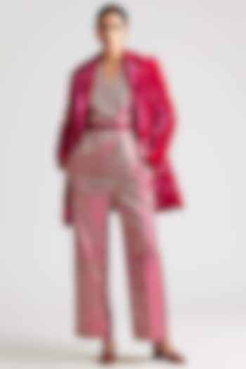 Mulberry Pink Pant Set With Dark Hot Pink Puffer Jacket by Kshitij Jalori