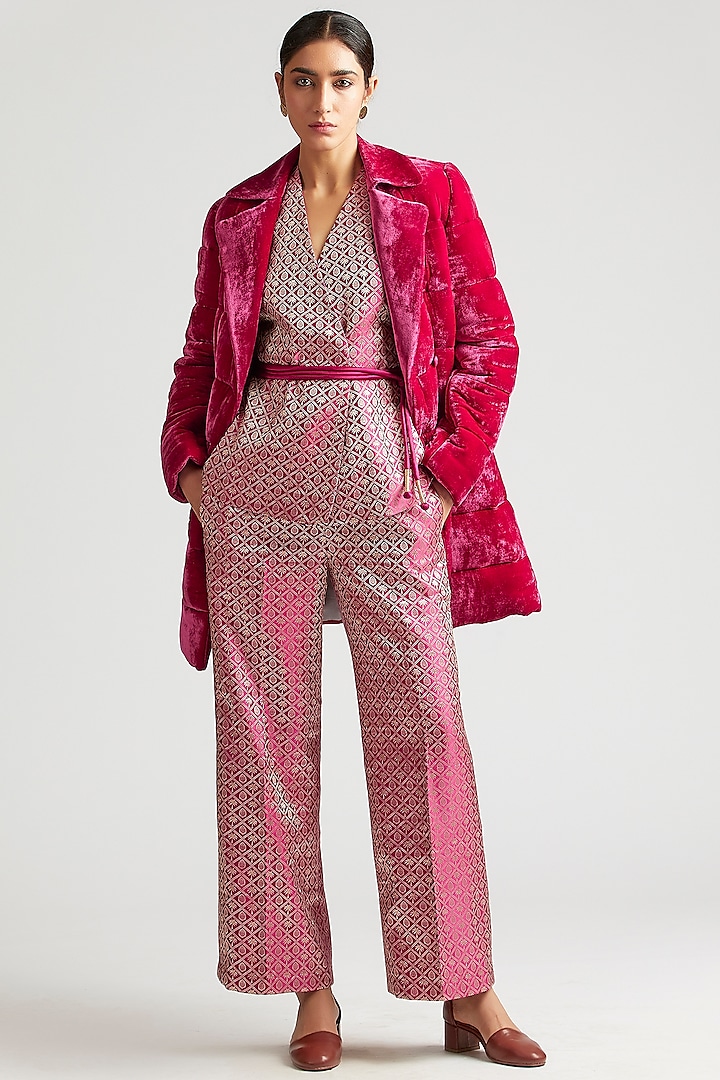 Mulberry Pink Pant Set With Dark Hot Pink Puffer Jacket by Kshitij Jalori
