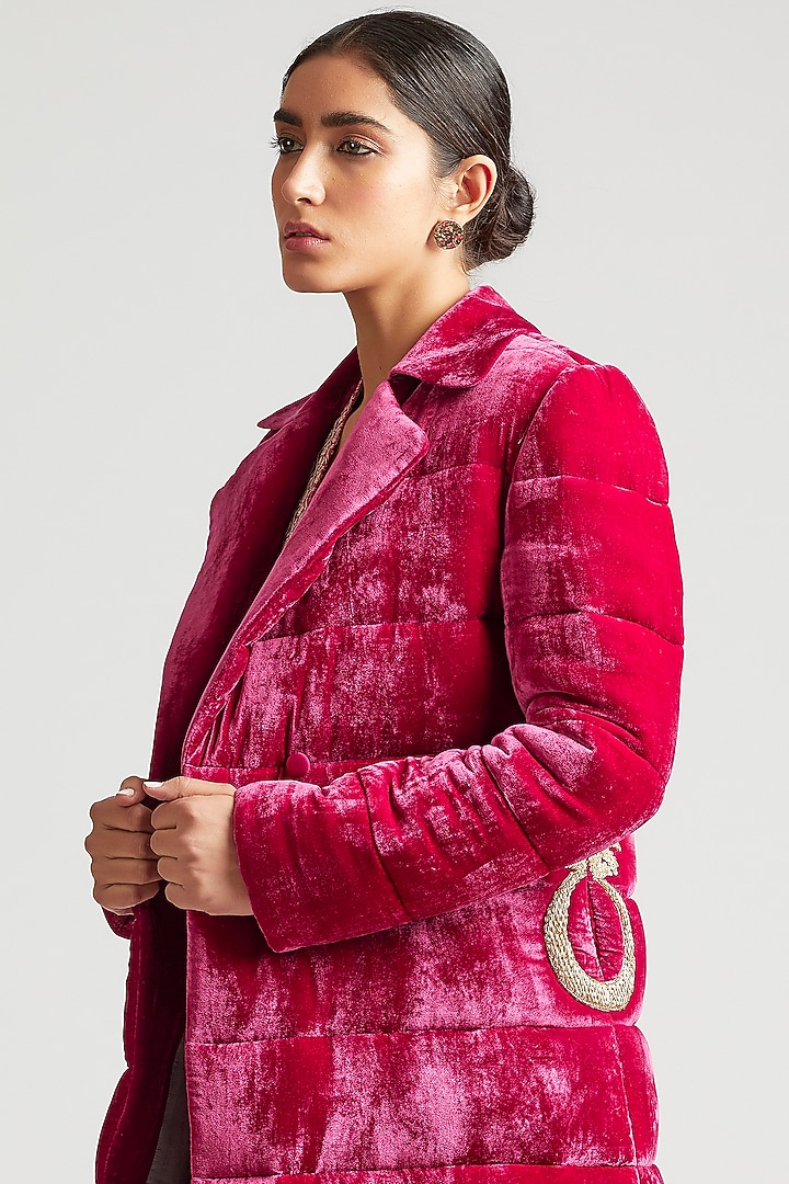 Mulberry Pink Pant Set With Dark Hot Pink Puffer Jacket by Kshitij Jalori at Pernia's Pop Up Shop