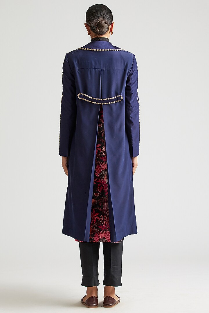 Medieval Blue Zardosi Embroidered Trench Jacket by Kshitij Jalori at Pernia's Pop Up Shop