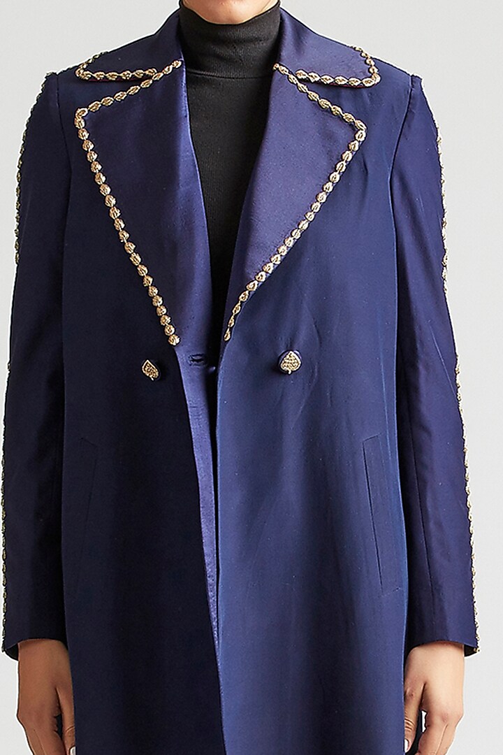 Medieval Blue Zardosi Embroidered Trench Jacket by Kshitij Jalori at Pernia's Pop Up Shop
